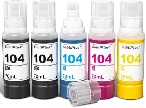 SubliPlus+ 104 Black Ink and Color Ink Replacement for Eco Tank Printer Ink, 104 Ecotank 4-colour multipack Compatible for ET-1810 ET-2820 ET-2720 ET-2860 ET-4800 ET-2710 ET-2870 Printer (BKCMY)
