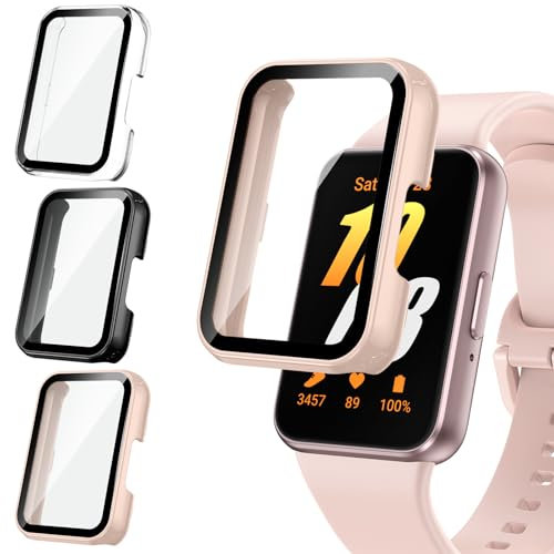 Kamita [3Pezzi Custodia Compatibile con Samasung Galaxy Fit 3 con Protezione Dello Schermo in 9H Vetro Temperato,PC Bumper Cover Protezione Viso Completo Custodie per Galaxy Fit3(Chiaro+Nero+Rosa)