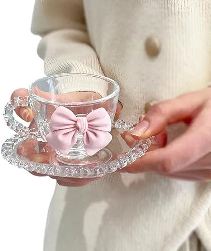 Tazzine caffè,Tazze caffè Gres Set di Tazze da caffè Trasparenti con Fiocco Rosa, Decorazione for Ragazza, Tazza da Acqua in Vetro, Piatto da Dessert, tè pomeridiano, Tazza da Colazione con Avena