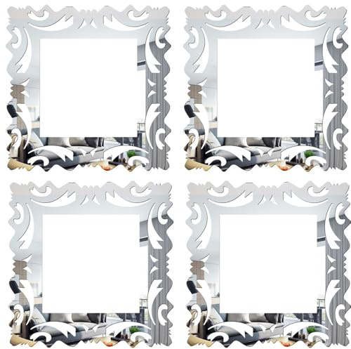 4Pcs Light Switch Surround, Acrylic Square Switch Surround Protective Cover, 3D Wall Mirror Flower Wall Stickers, Peel and Stick Plate Light Switch Sticker for Home Wall Switch Decoration (Silver)