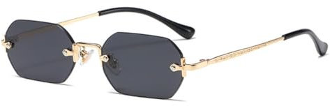 qinqilanqi-S Rahmenlose Achteckige Sonnenbrille | Metall Retro | UV400 | Etwa 20g Leichtgewicht Damen Herren(Gold/Grau)