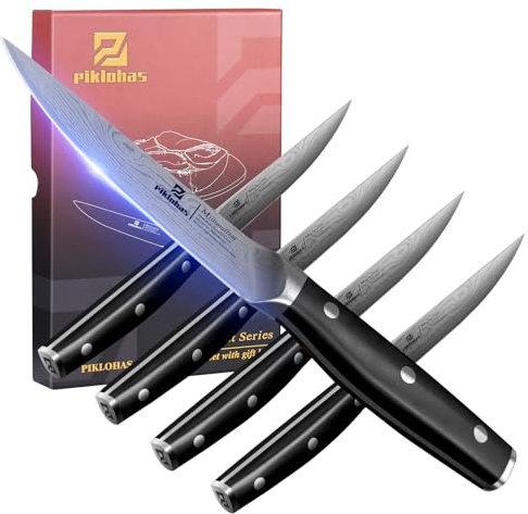 Piklohas Steakmesser Set of 4, 4.5 Zoll Glattklingen Dinnermesser, geschmiedete deutsche Stahl Damastmuster-Geradekanten-Fleischmesser mit durchgehendem Griff,ideal als Geschenk