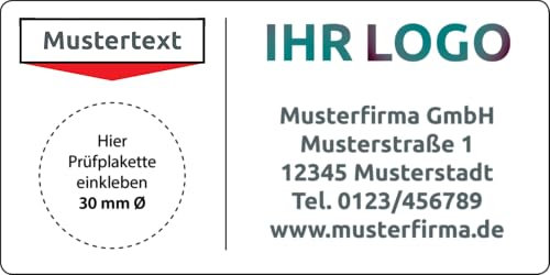 Grundplaketten mit Logo und Wunschtext, 56 Stück, 90 x 45 mm, Vinylfolie, selbstklebend, Individuelle Wartungsaufkleber mit Firmeneindruck (Querformat)