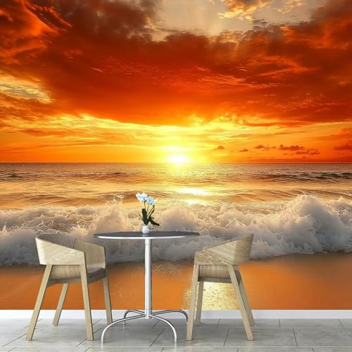 Murales Papel Pintado Salon Puesta Sol Mar, 450×315cm Fotomurales 3D tela de seda Papel Tapiz， Paisaje Natural Fotográfico Decorativos Murales Dormitorio Oficina Hotel