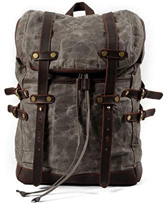 FANDARE Leinwand Rucksack Retro Wanderrucksack Herren Kordelzug Rucksack Schulranzen Damen Reisetasche Rucksack Schultaschen Trekkingrucksack Reiserucksack Camping Outdoorrucksack Graugrün