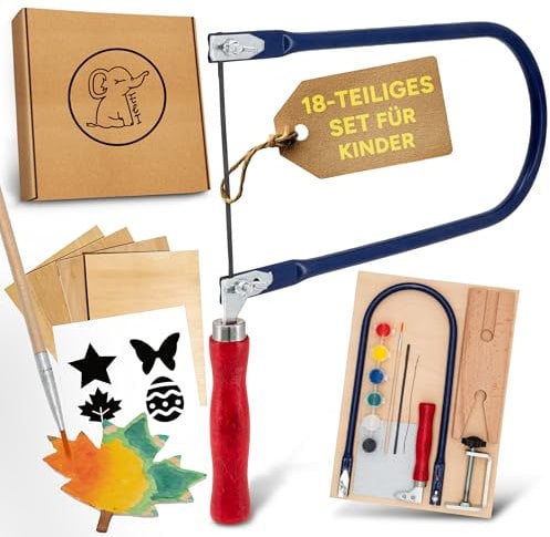 Eli® Scie à chantourner pour enfants - Kit complet pour scie à chantourner avec modèles créatifs - Plaques de scie à chantourner - Couleurs - Pinceau - Papier abrasif - Bois - Idée cadeau pour garçon