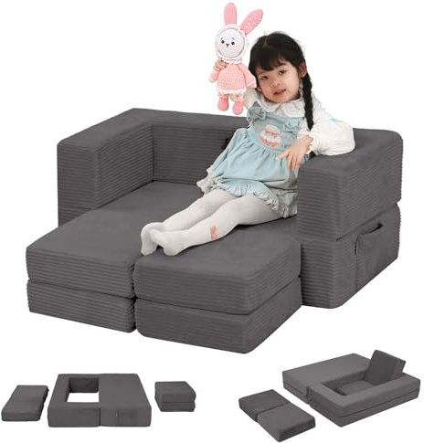 MeMoreCool Kindersofa aus Cord, Ausklappbares Schaumstoff Sofa, Modulare Mini Couch für Kinderzimmer & Schlafzimmermöbel, Anthrazit