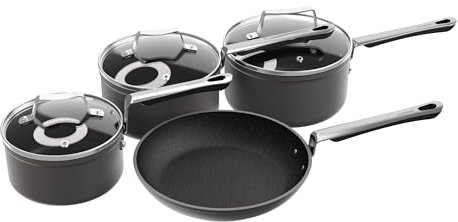Commichef 4-Piece Cookware Set in Anodised Aluminium with Non-Stick Coating, Includes 16cm, 18cm, 20cm Saucepans with lids & 24cm Frying Pan, Stackable Design