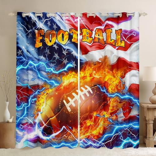 Loussiesd 3D Fußball Blickdichte Vorhänge Amerikanische Flagge 30%-50% Fenstervorhang 260x140cm für Kinder Jungs Mädchen Feuer Ballspiele Sport Vorhänge Retro USA Flagge Vorhänge