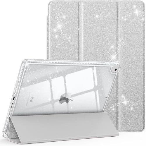 FINTIE Custodia per iPad 10.2 Pollici 9a / 8a / 7a Generazione (2021 2020 2019) con Portapenne - Antiurto Glittering Trasparente Cover Posteriore con Auto Sveglia/Sonno, Argento