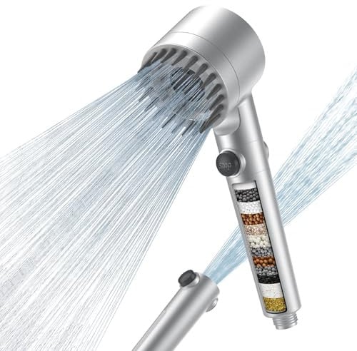 MEKO Soffione Doccia con Filtro a 15 Fasi, Soffione Anticalcare con Tubo da 1,5M, 3 + 1 Tipi di Getti per Soffione Doccia ad Alta Pressione e Risparmio Idrico - Argenteo