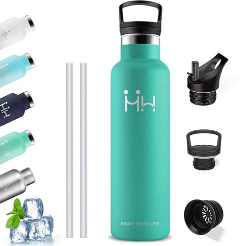 Botella Agua Acero Inoxidable, Botella Termica 1 litro, A Prueba de Fugas, Botella con Pajita, Botella sin BPA, Botella Agua Gimnasio, Aislamiento al Vacío, Termo para Escuela, Gym, Oficina, Yoga