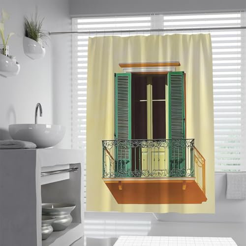 MOKOSAISE Grüner Fensterladen Balkon Duschvorhang Liner mit Haken Europäischer Fensterdruck Wasserdichter Stoff für Badezimmer Badewanne Waschbar Retro Dekor 180x180