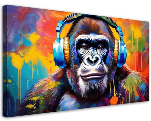 Feeby Bilder - Foto Geschenk - Bunter Affe mit Kopfhörern - 120x60 1tlg - Leinwandbilder Wohnzimmer - Wandbild über dem Bett - Bild Schlafzimmer - Aesthetic Zimmer Deko - Modern Pictures