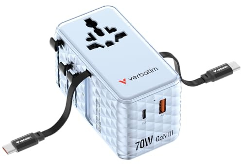 Verbatim 70W GaN Reiseadapter, weltweit einsetzbar mit 2 Ladekabel Blau | Steckdosenadapter, USB-C, USB-A, 2X USA/JP Anschluss, Universal Schnellladegerät für MacBook, Laptop, iPhone 17/16