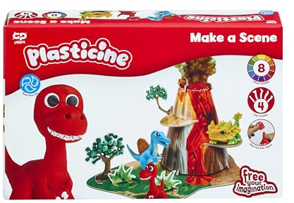 Plasticine The Original, Make A Scene Dinosaur Skwishems Set – Creative Modelling Clay Activity Kit with Tools & QR Video Guide – Make & Skwish Dinosaurs & Volcano – Reusable Mess-Free Fun – Ages 3+