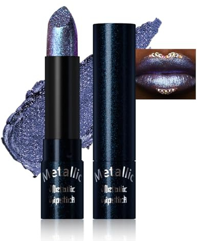 Metallic Glitter Lipstick, Long-Lasting Shimmer Dark Blue Lipstick, Highly Pigmented Halloween Makeup Lipcolor Sparkling Lip Crayon, Non-Sticky Creamy Formula Lipsticks Gift for Women