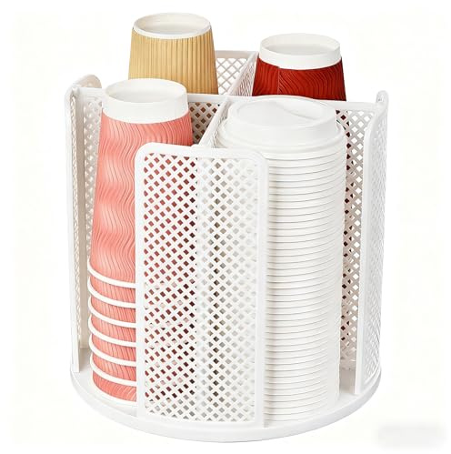 FEIQIAO Dispenser Rotante per Tazze da Caffè, Organizer per Tazze e Coperchi, Portabicchieri di Carta con 4 Scomparti per Piano di Lavoro, Cucina, Postazione Caffè, Salotto, Buffet, Ufficio, Bar