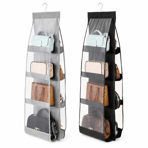 MIMOX Handtaschen Aufbewahrung 2er Set, Taschen Organizer für Kleiderschrank mit 8 Fächern, Taschen platzsparend aufbewahren, transparent, für Handtaschen, Rucksack, Accessoires