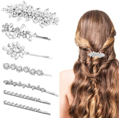 7 fermagli per capelli con strass a forma di foglia d'argento per spose, accessori per capelli da sposa per donne, fermagli lucidi per la sposa, decorazioni per forcine di cristallo per matrimoni
