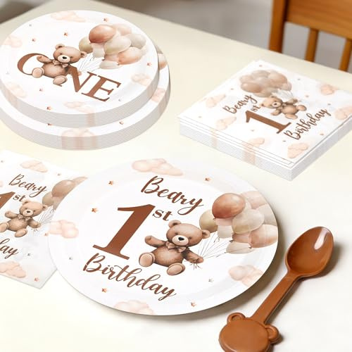 LaVenty Beary First Birthday Decorations Boy Bear 1st Birthday Decorations | Teddy Bear Beige Balloon Party Plates Napkins Baby One Party Decor for 8 Guest