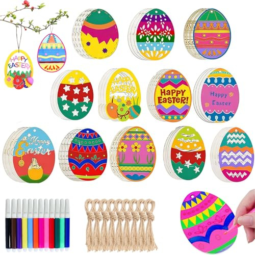 128 Pcs Ostern Basteln Kinder Osterdeko Holz Holzanhänger Ostern Anhänger Holz Ornamente Unvollendete OsterN Basteln DIY Anhänger Osterdeko BastelN mit Ostereier Strass Zwirnen Selbstklebend Frühling