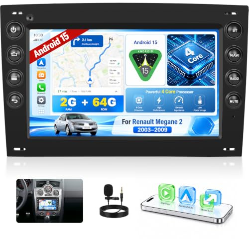 OiLiehu 2G+64G Android 15 Radio para Renault Megane 2 2003-2009 con CarPlay Android Auto Inalámbrico, 7'' IPS Pantalla con WiFi Bluetooth GPS Enlace Espejo FM RDS SWC EQ Cámara de Visión Trasera