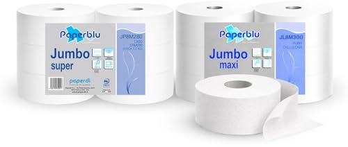 Jumbo Maxi Papier toilette 2 voiles en pure cellulose – 6 rouleaux extra-longs 800+ déchirures, blanc, compatible distributeur, fabriqué en Italie – Rouleau de papier toilette professionnel