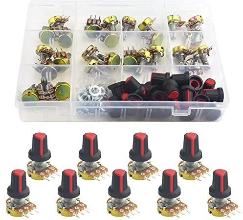 WMYCONGCONG 27 Sätze Potentiometer-Sortiment-Kit B1K B1K B2K B5K B10K B20K B50K B100K B500K B1M Ohm Rändelwelle Einzelnes lineares Drehkegel-Potentiometer-Kit mit Drehknöpfen
