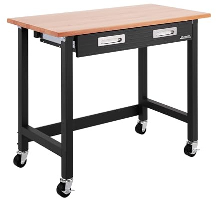 Seville Classics UltraGraphite Wood Top Workbench on Wheels with Sliding Organizer Drawer Table, 48, Graphite