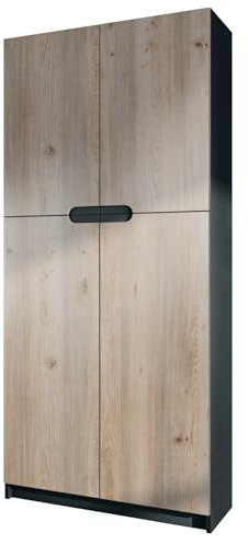 Vladon Büroschrank Logan V1, Made in Germany, Aktenschrank mit 5 Fächern und 4 Türen, Schwarz matt/Eiche Nordic (82 x 185 x 37 cm)