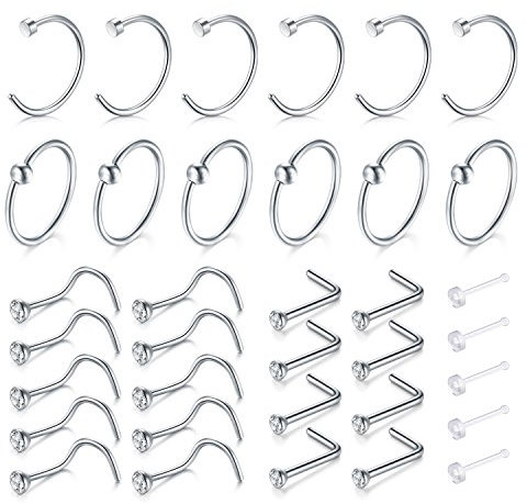 Zolure Nose Studs - 20G Nose Rings Nose Hoop Rings Nose Screws L shaped Septum Cartilage Ring Tragus Hoop White Gold Silver Piercing Jewelry