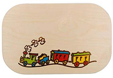Frühstücksbrettchen Eisenbahn bunt – Holzbrett mit Eisenbahnmotiv – Personalisierbar mit Namen & Gravur – für Kinder & Erwachsene