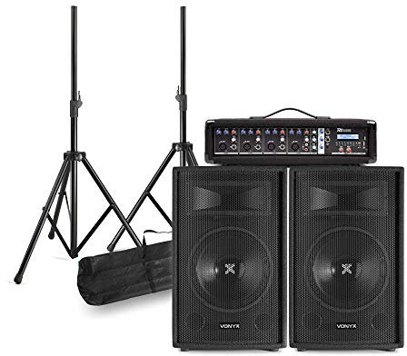 Complete PA System Package for Bands - Portable 1000W Live Music Audio Setup with Mixer Amplifier, Passive Speakers, Bluetooth Streaming, Height Adjustable Stands & Cables Included