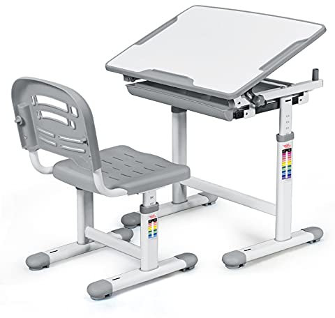 RELAX4LIFE Kinderschreibtisch und Stuhl Set, höhenverstellbarer Schreibtisch mit Schublade und Schultaschenhaken, winkelverstellbarer Schülerschreibtisch für Jungen und Mädchen, PP und Eisen (Grau)