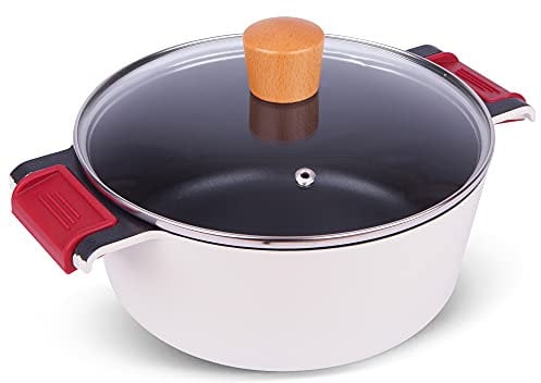 La Moustache - Cacerola Alta 24 cm, Aluminio Fundido con Antiadherente y Antirayaduras para Todas las Cocinas, Incluida Inducción, Sin PFOA, Tapa de Cristal, Asas de Silicona Ergonómicas (Blanco)