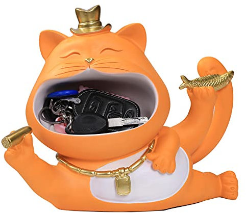 Gato De La Suerte Creativo Resina Bandeja De Llaves Caramelo Multifuncional para Llaves De Entrada Adornos De Almacenamiento Muebles para El Hogar Regalo De Inauguración De La Casa,Naranja