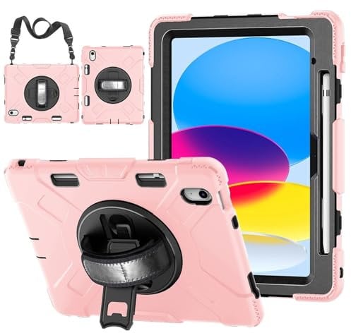 TNP Protective Case for iPad 10.9 Inch 10th Generation 2022 - Shockproof Cover Case with Pencil Holder, Rotating Handle, Adjustable Stand & Shoulder Strap (Model: A2696, A2757, A2777), Pink Pastel