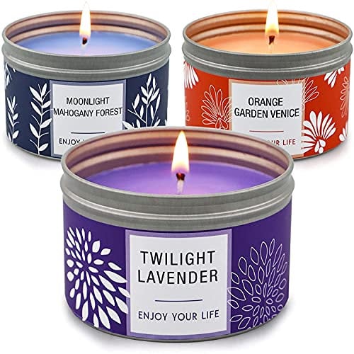 YMing Duftkerzen, 100 Stunden lange Lebensdauer Aromatherapiekerze, stark duftende Sojaglaskerze Geschenkset - 3 Packungen mit 4,6 Unzen, Lavendel | Orangenblüte | Kerze aus Mahagoni