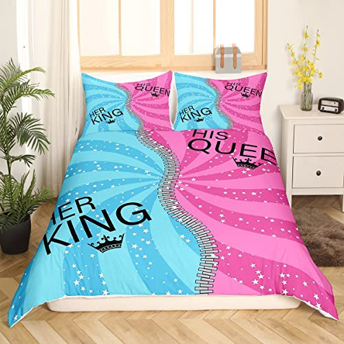 Homewish Bettbezug-Set für Sie und Ihn, Bettwäsche-Set für König und Königin, für Paare, Blau, Rosa, Spiralwirbel, Sterne, Streifen, Bettbezug-Set, romantische Valentinstagsgeschenke, 200 x 200