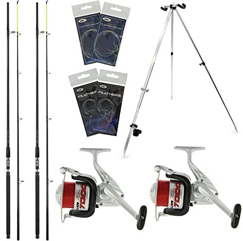2x Sea Fishing Beach Caster 12ft 2pc Rod & Reel Setup 20lb Line & Tripod Stand | Feathers | Sea Rigs