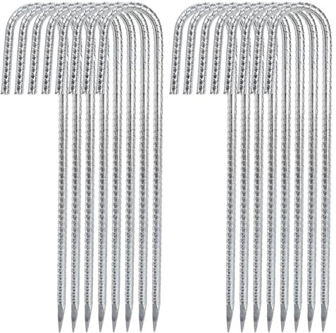 Hacaroa 16 Pack Rebar Tent Stakes Heavy Duty, 12 Inch Ground Anchors J Hook Garden Stakes, Galvanized Metal Fence Stakes for Trampoline, Canopy, Yard