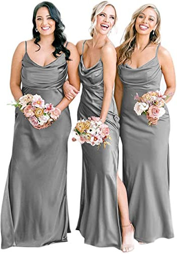 N/ C Robe de demoiselle d'honneur à bretelles spaghetti pour femme - Longue col bénitier - Robe de soirée en satin, gris, 40