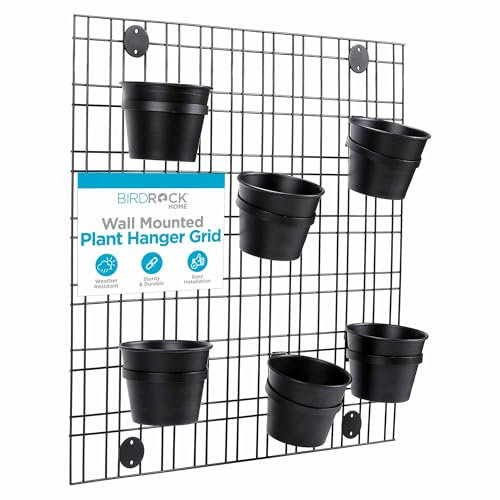 BIRDROCK HOME Rejilla de pared para jardín de 6 macetas, macetas para flores o suculentas, organizador de plantas para interiores o exteriores, color negro