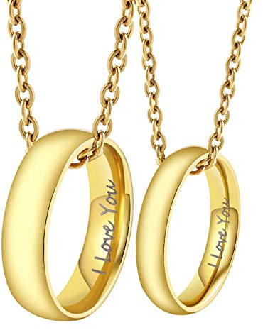 Daesar Halskette Personalisiert Paar, Kette Edelstahl Gold 60CM 50CM Charms Anhänger Ringe mit Gravur I Love You Partnerketten für 2