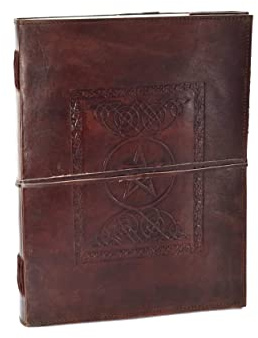 ROOGU Pentagramm Stern – XXL Leder Notizbuch DIN B4 – Gothic Journal Handmade aus Indien – Gästebuch Skizzenbuch aus Büffelleder & Baumwollpapier