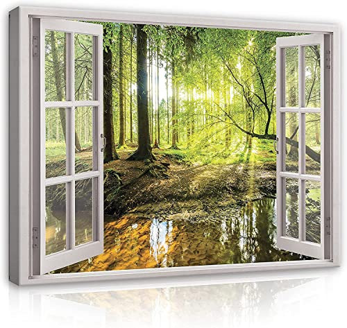 WallArena - Leinwand Bilder - Fensterbilck Fenster Natur Grün Wald - 120x80 cm Leinwandbilder - Bild auf leinwand - Wandbild XXL groß Wandbilder für Wohnzimmer Schlafzimmer Wohnzimmerbilder Modern