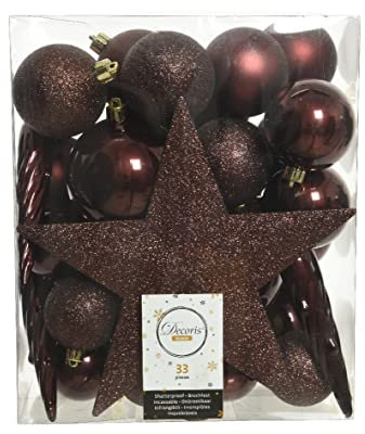 Kaemingk Weihnachtskugeln Kunststoff 5-8cm mit Christbaumspitze Stern 33er Set bruchsicher braun Dunkelbraun