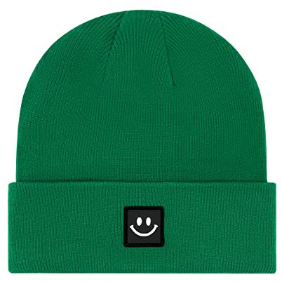 Damen-Beanie-Mützen für Damen, Strickmützen für Damen, Wintermützen für Damen, Smiley-Gesicht, Beanie-Mütze, mit Bündchen, Kelly, grün, Einheitsgröße