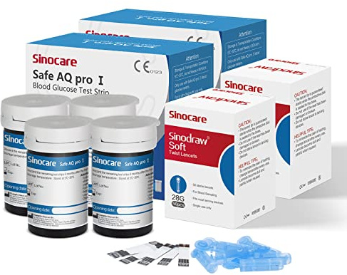 Sinocare AQ Pro I Strisce per Glicemia con 100 Strisce e 100 Lancette | Solo Applicabile Misuratore Glicemia AQ Pro I, Elettrodo d'argento per Precisione, HCT 10%-70% per Diversi Utenti